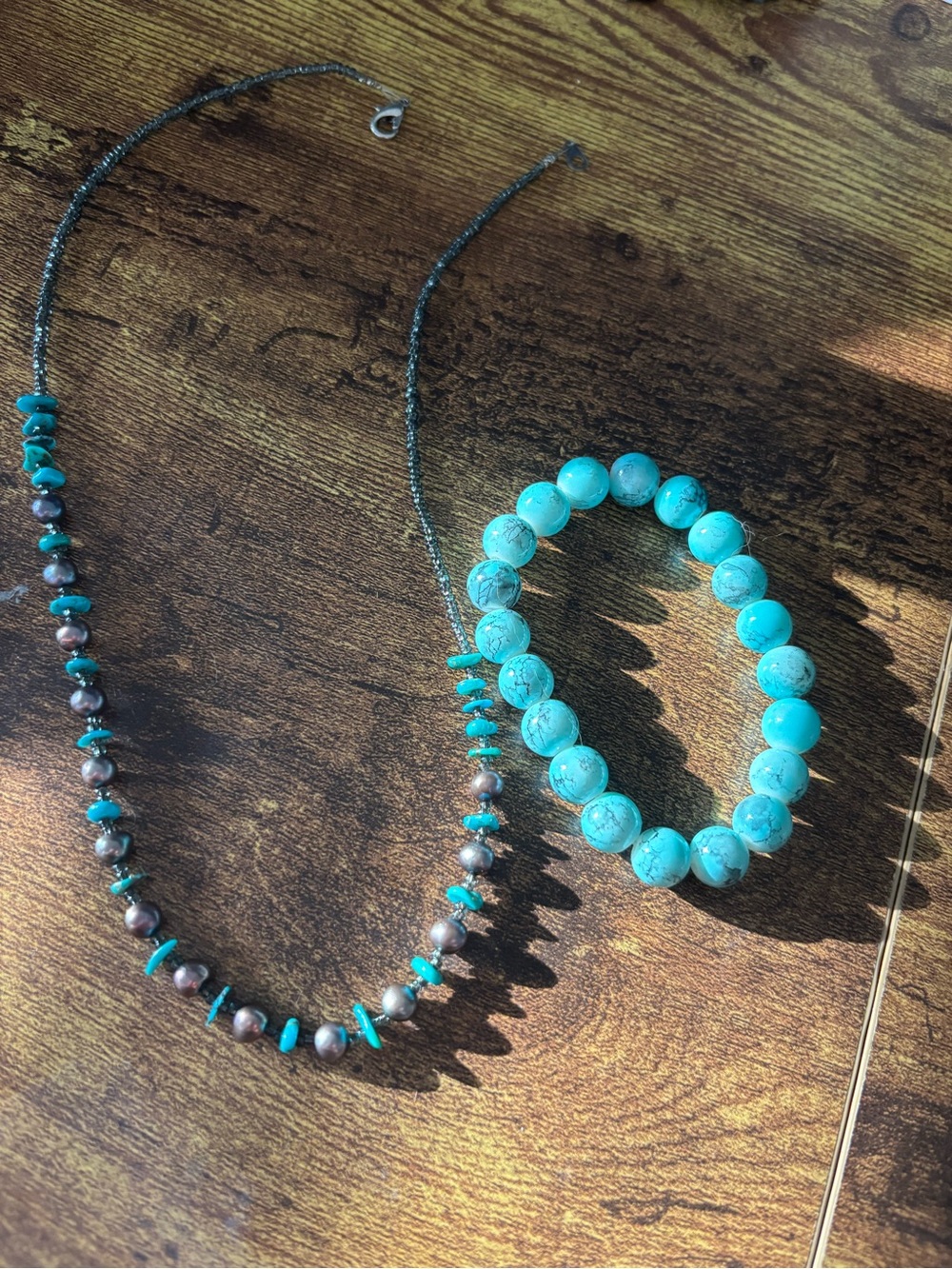 Turquoise & Silver Round Beaded Jewelry Set. Necklace & Bracelet Blue/Brown